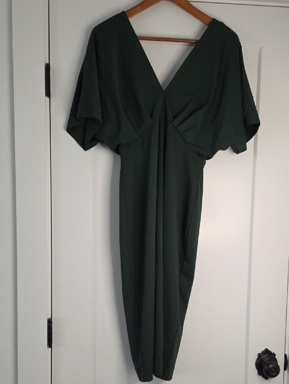 Banana Republic Deep Green, Draped V-Neck Midi Dress | Flowy | Wedding Guest